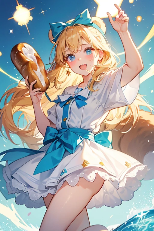 Megan Mallow Roll is a golden, glazed bread roll with bear ears and a iced light blue bow. She is winking with her mouth widely opened and she has very pale, faint red cheeks. SPARKLE; GLITTER
