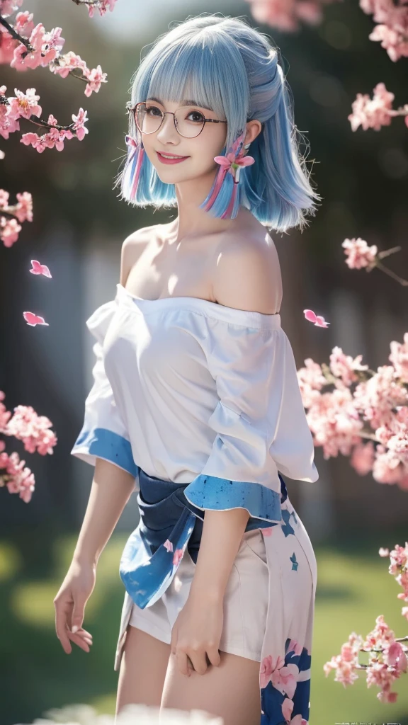 (National Foundation),(((Off-shoulder shirt))),masterpiece, (masterpiece, best quality, high resolution), 动漫wind格, Color background, acrylic paint, ((Splash of Color, Ink splatter, Splash of Color)), best quality, 1 girl, (rich and colorful),(Delicate eyes and face), Wears red half-rimmed glasses,wear glasses,Volumetric Light, Ray Tracing, Half-length photo ,Extremely detailed CG unified 8k wallpaper,solitary,Smile,((Flying petals)),fantasy, wind, Magic Spark, Blue Hair,Semi-long hair,blue eyes,wear glasses