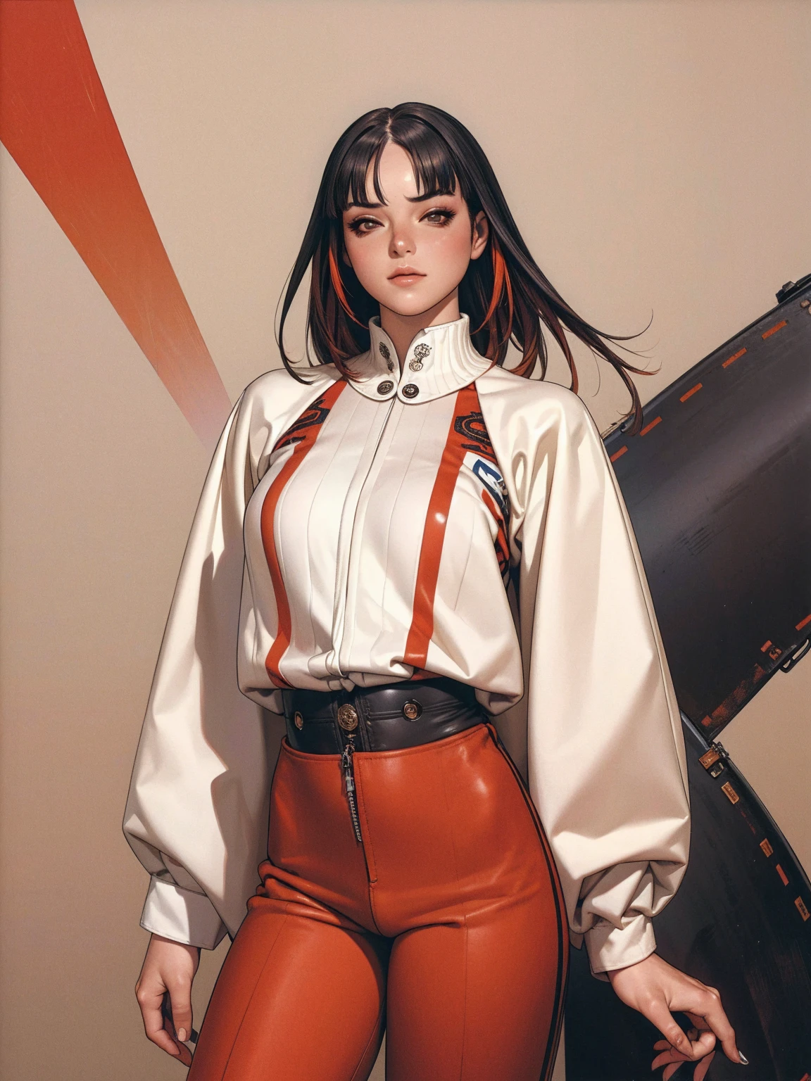 (best qualityer))), (((manga strokes))), (((black bob hair with straight bangs and red highlights))), (((wide pants with 2 side stripes))), uma Kizi jovem muito bem vestida com roupas modernas de inverno, top gift vertical stripes, short jacket with dark fur collar, beautiful and expressive face, slightly-smile, big eyes with long black eyelashes, heavy make-up, chains and zippers spread across clothes, contrasting colours, pose de atitude, hair with a modern and futuristic cut, urban game poster art, dramatic camera angles, graffiti art elements in the background, design mixing contemporary and retro by Shepard Fairey, (((cowboy shot))), (((best qualityer: 1.4))), (Unbeatable masterpiece), (hiper HD),(CG 8k hyper-realistic), Kizi, (((standing alone))), pirralha violent, (((14歳))), sexly, pose de atitude, work of art, post-apocalypse, (((manga style))), bounty hunter, violent, Manic, the way you want, slenderbody, thin but strong, perfectbody, roupa moderna, advanced technology, neon, sleeves with vertical striped pattern, neutral background, (( cowboy shot )). intricate visual