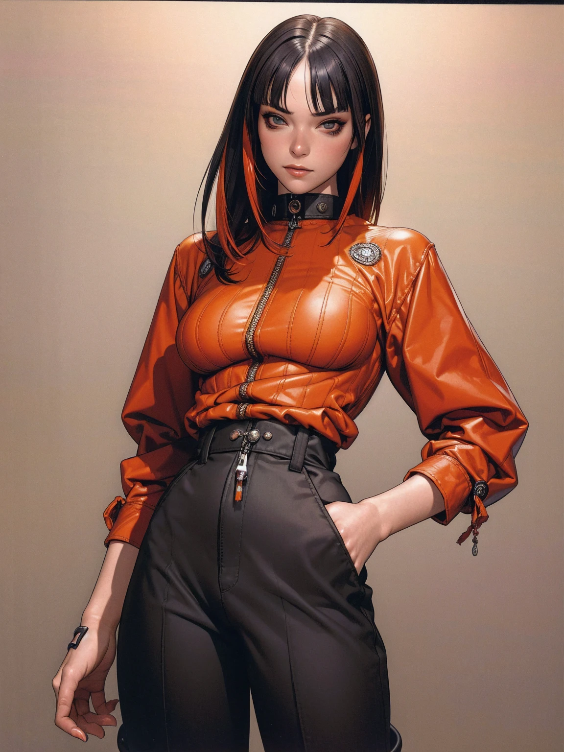 (best qualityer))), (((manga strokes))), (((black bob hair with straight bangs and red highlights))), (((wide pants with 2 side stripes))), uma Kizi jovem muito bem vestida com roupas modernas de inverno, top gift vertical stripes, short jacket with dark fur collar, beautiful and expressive face, slightly-smile, big eyes with long black eyelashes, heavy make-up, chains and zippers spread across clothes, contrasting colours, pose de atitude, hair with a modern and futuristic cut, urban game poster art, dramatic camera angles, graffiti art elements in the background, design mixing contemporary and retro by Shepard Fairey, (((cowboy shot))), (((best qualityer: 1.4))), (Unbeatable masterpiece), (hiper HD),(CG 8k hyper-realistic), Kizi, (((standing alone))), pirralha violent, (((14歳))), sexly, pose de atitude, work of art, post-apocalypse, (((manga style))), bounty hunter, violent, Manic, the way you want, slenderbody, thin but strong, perfectbody, roupa moderna, advanced technology, neon, sleeves with vertical striped pattern, neutral background, (( cowboy shot )). intricate visual