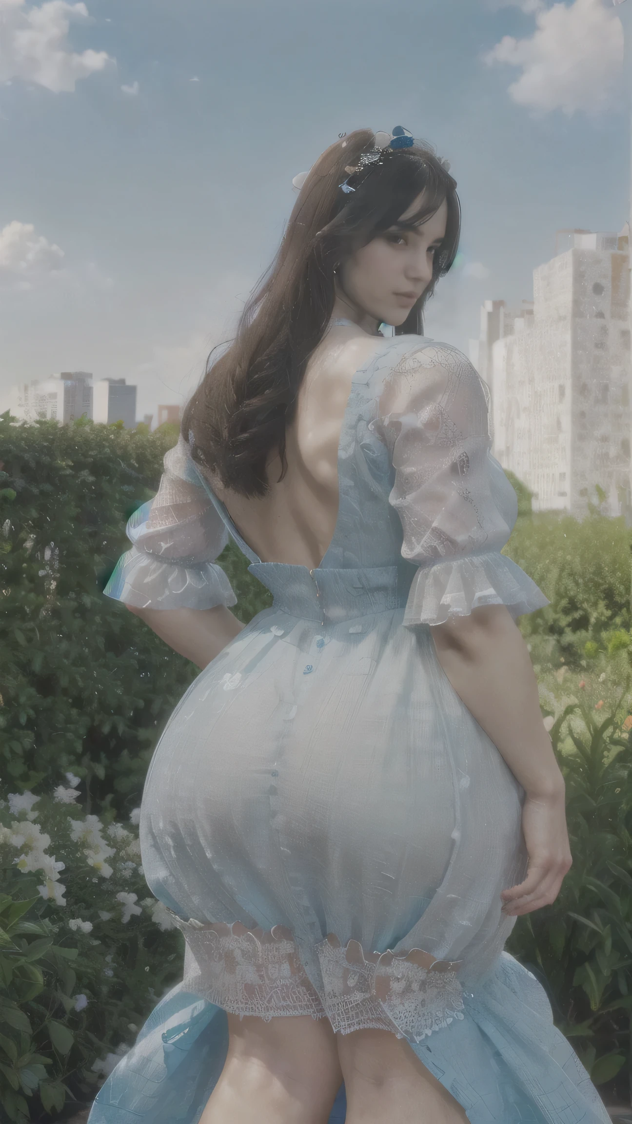 high quality,8K,high resolution,wife in bowing body posture, POV from behind 1 personality,tall,realistic texture,Much Muchi,cute smile,one hand on back hip,(Plump body 8),(beautiful sky blue long frock, added white net design),(Muchimuchi body 8),(newyork building or garden scenery),colorful, perfect round detailed sunglasses,