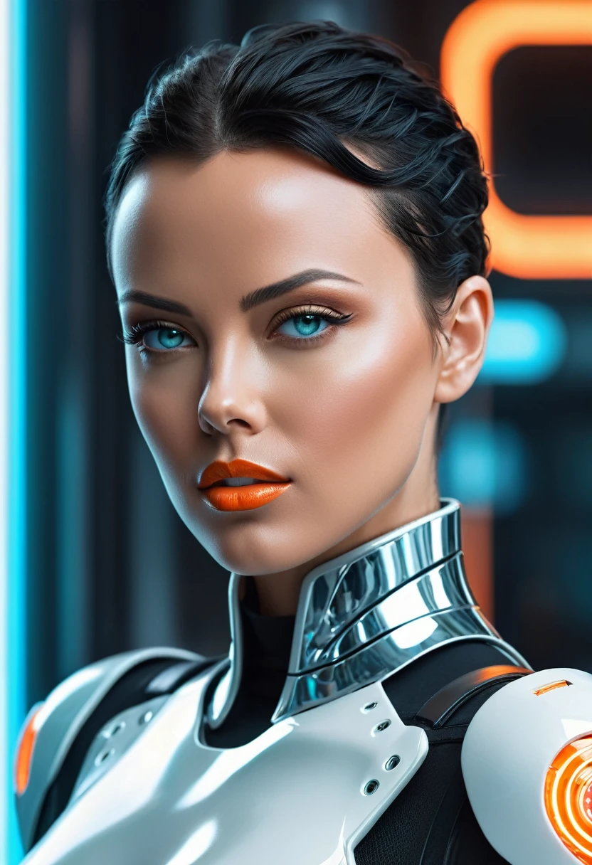 An ultra-realistic digital illustration of a beautiful tall cyborg woman (mix of Charlize Theron and Rose Bertram) wearing a white porcelain-like futuristic armor suit and carrying a futurist riffle in back, striking and detailed aqua eyes, glossy orange lips, orthodontic appliance, She has black hair, staright pixie haircut, highly attractive and charming woman. This breathtaking digital illustration is highly detailed and in the style of Ghost in the Shell, Cyberpunk and Dreamwave, hyper-maximalism, sharp focus, cinematic, HDR, 8k, final render