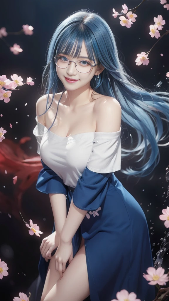 (National Foundation),(((Off-shoulder shirt))),masterpiece, (masterpiece, best quality, high resolution), 动漫wind格, Color background, acrylic paint, ((Splash of Color, Ink splatter, Splash of Color)), best quality, 1 girl, (rich and colorful),(Delicate eyes and face), Wears red half-rimmed glasses，wear glasses，Huge breasts，Volumetric Light, Ray Tracing, Half-length photo ,Extremely detailed CG unified 8k wallpaper,solitary,Smile,((Flying petals)),fantasy, wind, Magic Spark, Blue Hair，Semi-long hair，blue eyes，wear glasses