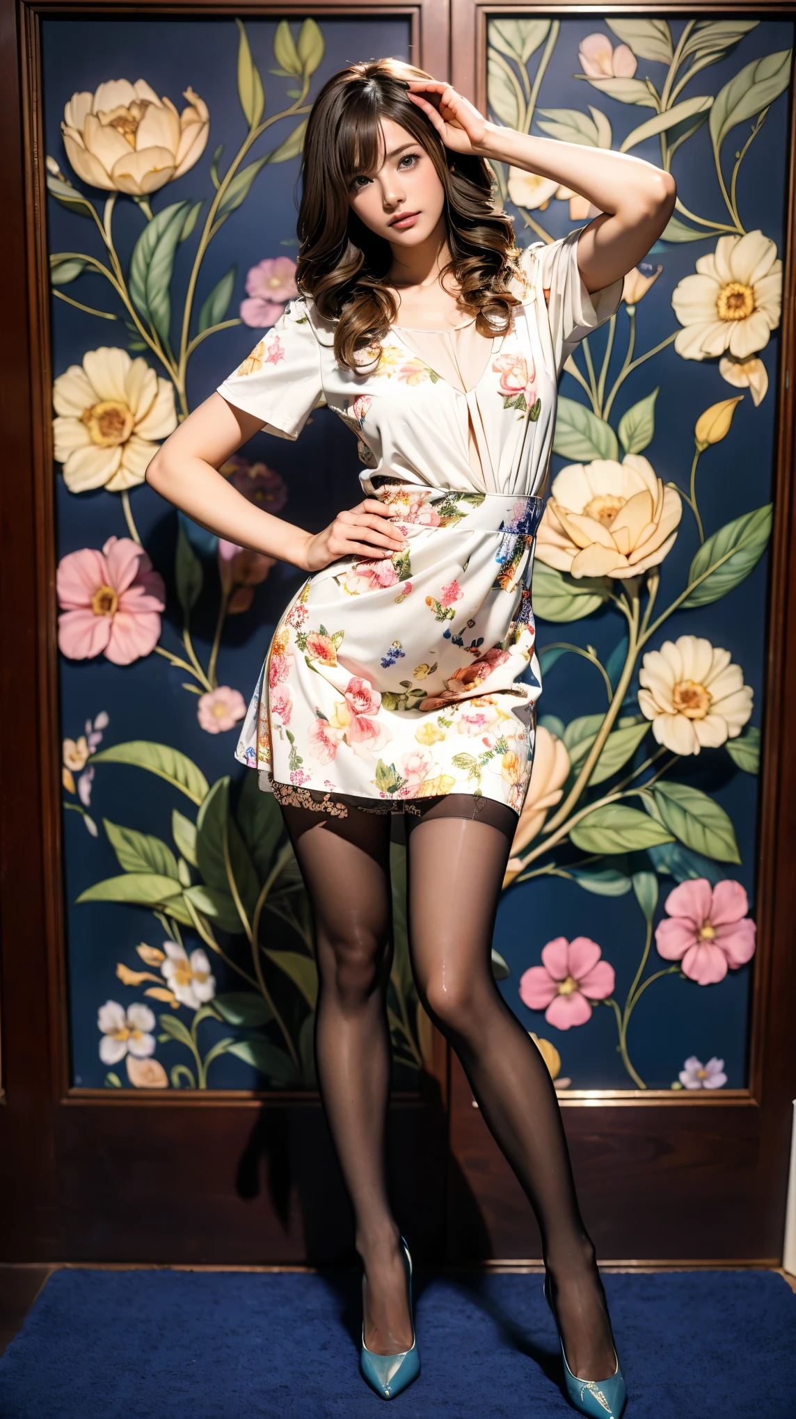 ((masterpiece)),(((Highest quality))),Thin thighs,Long legs,whole body:1.5，(One Girl:1.3),(Black pantyhose and thick pointy heels：1.3),(Wearing a floral miniskirt dress:1.2),Curly Hair Short Blonde:1.2、Model pose，