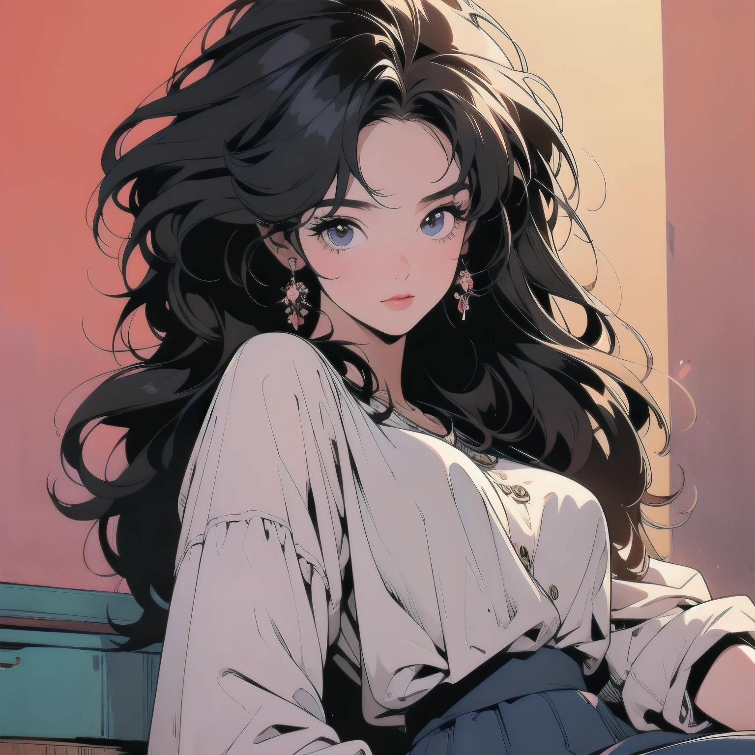 masterpiece, ultra high resolution, extremely detailed, 1 Girl, 32k, Full Length, Top, Messy Room, Apartment, One Girl, 4k, Warm Colors , Mysterious, Skirt, Blouse, Faint Lighting, extremely detailed Hair, extremely detailed Perfect Face, 80's Fashion, Retro Colors, Top Quality, detailed Background, Complex Background, Sunset, blown Hair, (((Anime)))