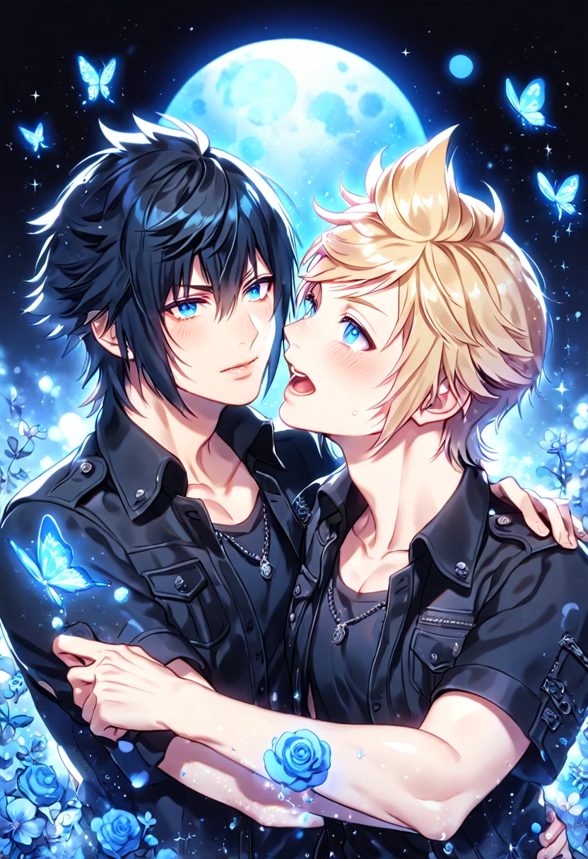 absurdres, highres, ultra detailed, HDR, master piece, best quality, extremely detailed, Noctis Lucis Caelum, black hair, expressive blue eyes, Final Fantasy XV, Prompto Argentum, blonde hair, expressive blue eyes, two sexy men together, gay couple, yaoi, handsome, black clothes, fantasy, magic, sparkling, water, glass, blue moon, blue flowers, blue butterflies, blue petals, garden