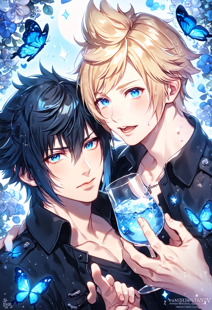 absurdres, highres, ultra detailed, HDR, master piece, best quality, extremely detailed, Noctis Lucis Caelum, black hair, expressive blue eyes, Final Fantasy XV, Prompto Argentum, blonde hair, expressive blue eyes, two sexy men together, gay couple, yaoi, handsome, black clothes, fantasy, magic, sparkling, water, glass, blue moon, blue flowers, blue butterflies, blue petals, garden