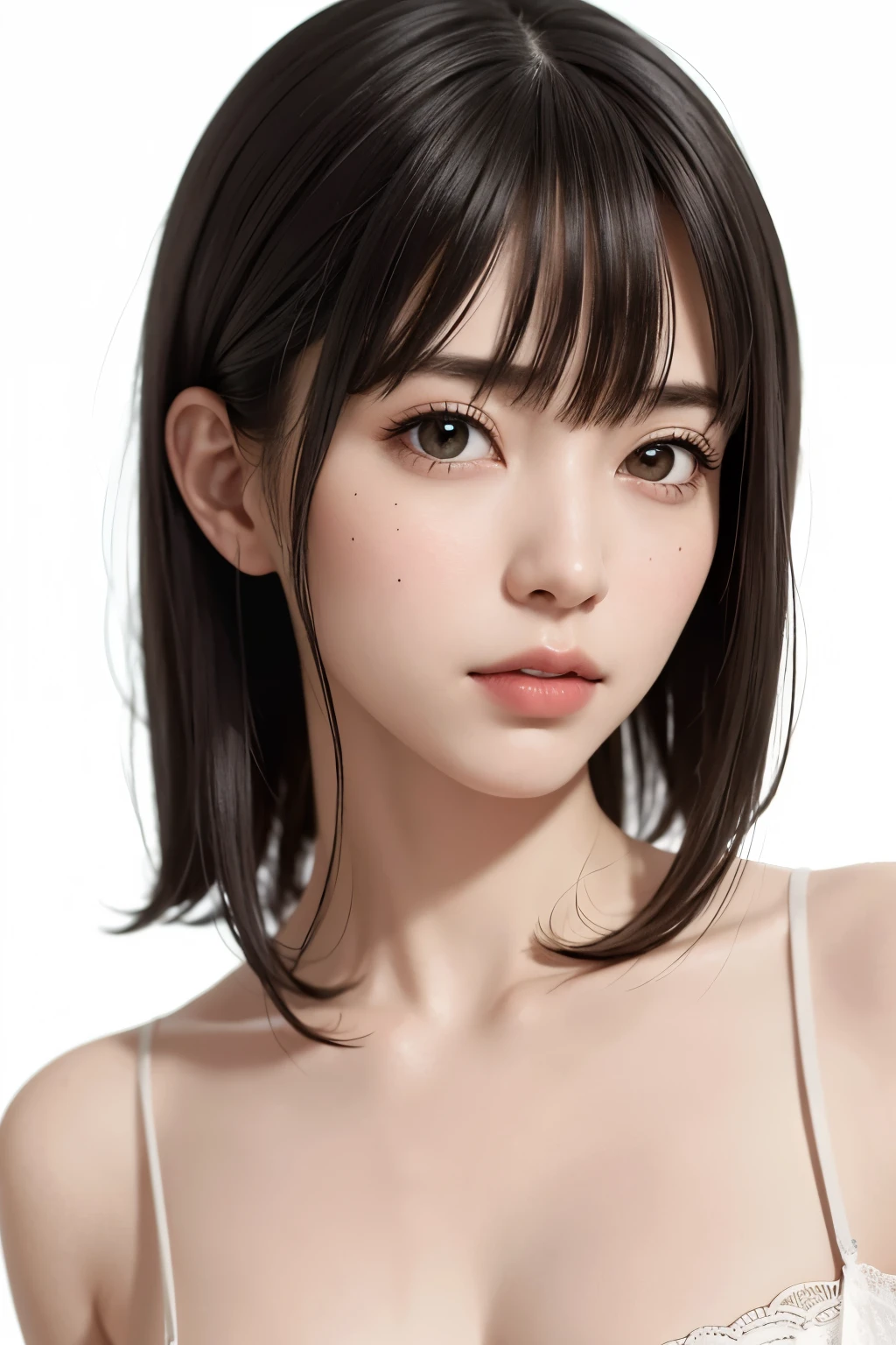 ((masterpiece, Highest quality, High resolution、Everything is beautifully detailed)), One Girl, (Realistic: 1.4), alone, White Background, snow-White Background, ((From above, A little above, look up at the viewer, look up, look up at the camera, Looking into the camera)), Mouth closed, smile, smile, smile, Beautiful black hair, bangsのあるショートヘア, Short Hair:1.6、Big eyes, Transparent double eyelids, eyelash, Listen carefully, Beautiful long neck, Absolute area, (Draw the whole head, shoulder), 19 years old, Attractive proportions, Glowing Skin, Beautiful clavicle, Golden ratio face, Perfect Face, Tearful mole, chestのほくろ, bangs, clean bangs, Lip gloss, Thin lips, Fair skin, naked, Big Breasts, Small face, Small face, Draw the whole head, draw all shoulder,Huge chest. Great chest、{huge|big|hugeな|Mega} chest, chestの谷間