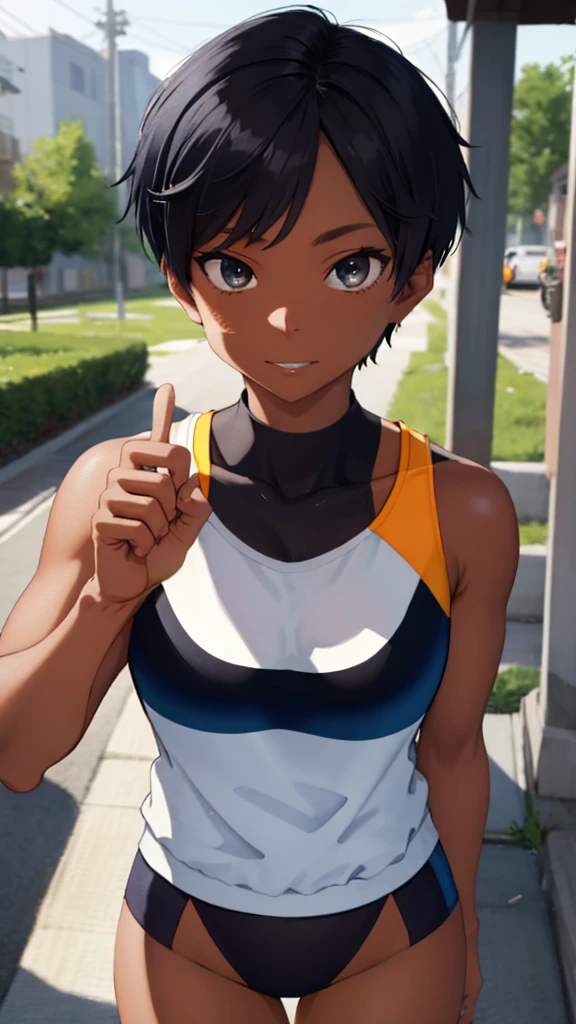  (masterpiece, best quality, ultra detailed, 4fingers and 1thumbs, black eyes:1.4), BREAK 1lady, athletic female, abs body, (Black Hair, Pixie Cut, chest, gigantic chest, Sunburn, Sunburnlines, Dark Skin:1.3), (ultra detailed face, expression of fine eyes, shiny hair, shiny skin, oily skin, super detailed skin), (glowing, depth of field,  eye-level shot from front, from above, looking at viewer:1.4),