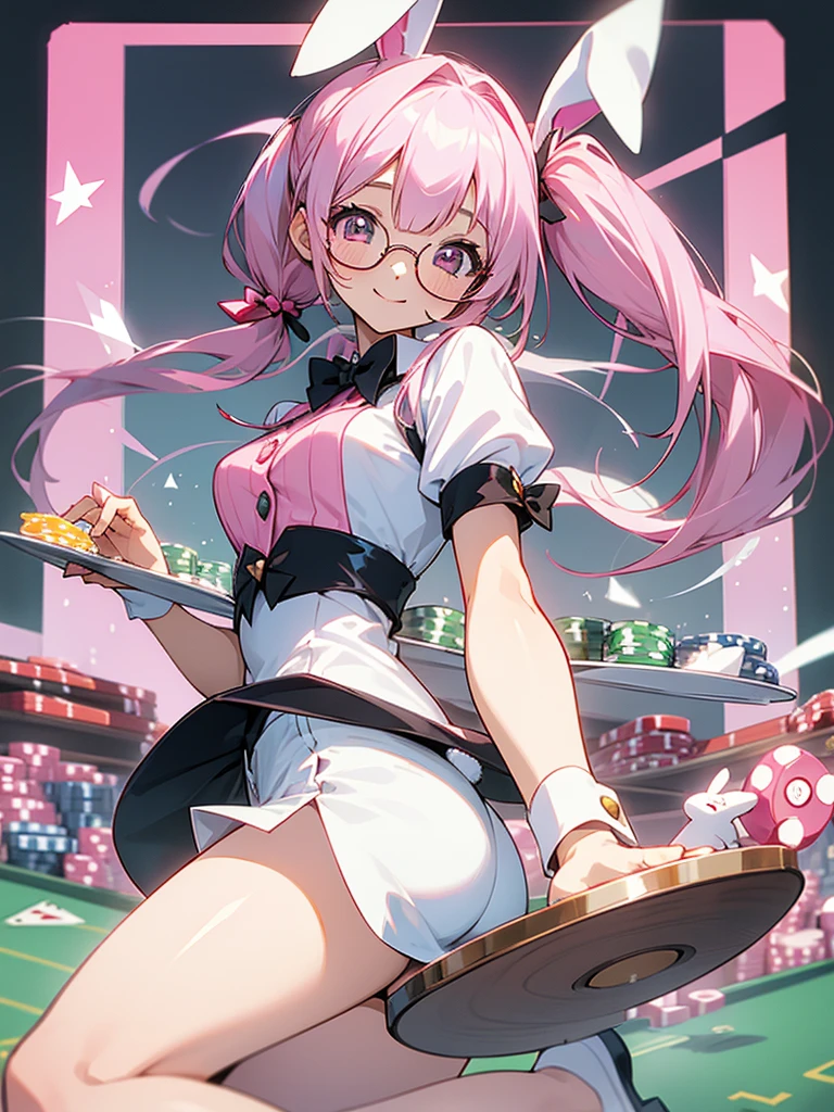 One girl, Pink long twin tails, High resolution, Bunny ears, A shy smile, White Bunny Girl，In the background is a casino with a tray of glasses on it.，