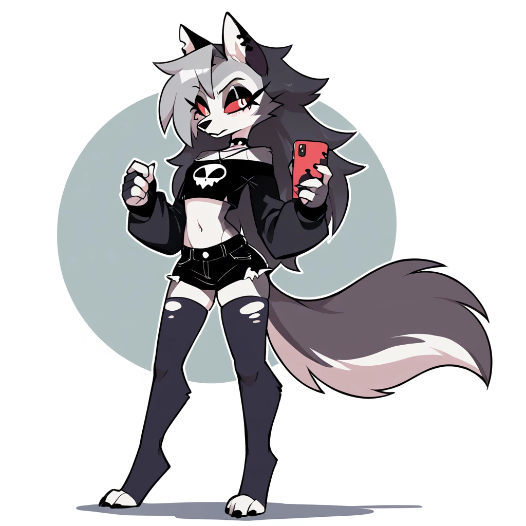 An original character, anthropomorphic, wolf, feminine, tall character, crop top, gothic, using some accessories, full body, on a simple background, cartoon art style "Helluva Boss"