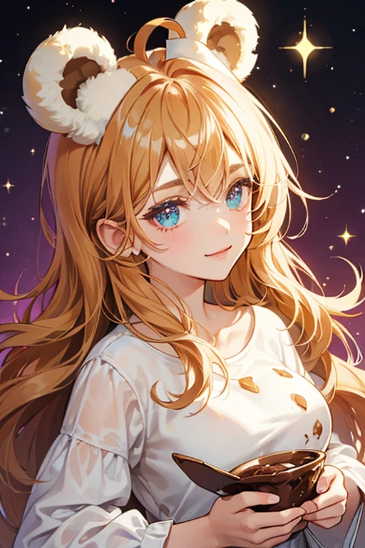 A girl caramel ice cream scoop with bear ears and a winking right eye. Her head is covered with a huge dollop of chocolate topping which has white sprinkles scattered across it. SPARKLE; GLITTER