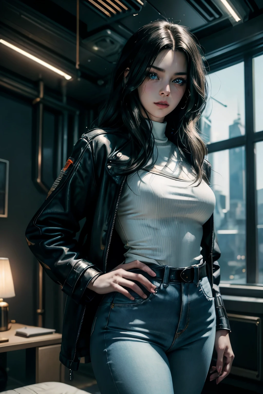 solo, 1girl, extremely fine and beautiful, photorealistic, super fine illustration, (realistic skin), (insanely detailed anime eyes), (blue eyes), mature, goddess, milf, vivid and beautiful, shocking sensation, incredibly detailed, beautiful detailed woman, (sensual), (luscious lips), realistic eyes, realistic face, (high waisted jeans, white blouse, oversized long coat, black soft leather boots), (lithe), Sasha Yakovleva, Cyberpunk 2077, Edgerunner, Night City, Cyberpunk character concept art, parted lips, small smile, aroused gaze, (thin waist:0.8), (wide hips:0.8), (large—medium supple breasts:0.8), (plump thighs:0.6), movie lighting, weighted shadows, ((weighted black hair)), realistic physics, dark shadows, realistic lighting, shaded, cyberpunk interior living room scenery