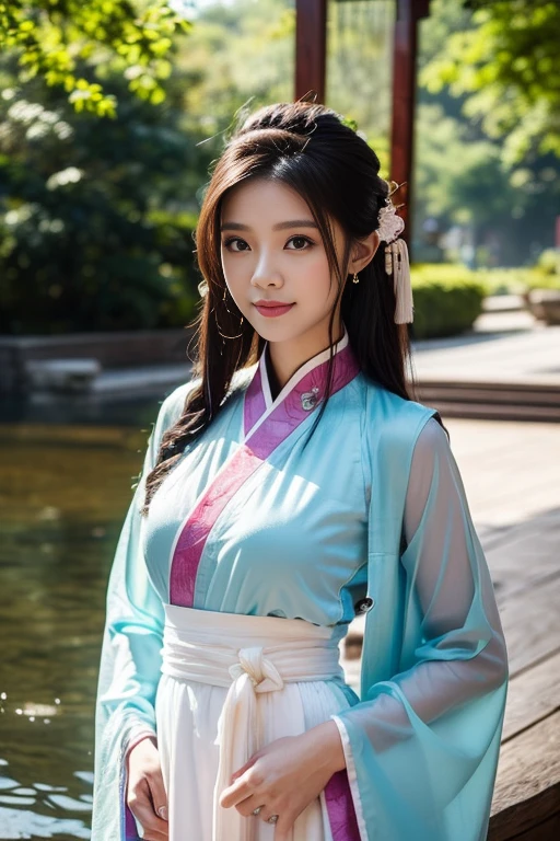 (A gorgeous & youthful Chinese lady, fashion model, [[[[closeup cleavage]]]], [[[[boobgasm]]]], [[[[coll]]]], [[[[bshoulders]]]], perfect face, perfect  eyes, Perfect iris，Perfect lips，perfect teeth，Perfect skin, Perfect body anatomy, Ample round bosom, Natural Sunlight, Sun Rays, lens flare, Movie girl, kind smile,


Translucent silky hanfu, Pure white & pink color, ancient Chinese clothing, Elegant Chinese long dress, long sleeves, feminine princess, cute expression, hands on hip,


SFW, Outdoors in ancient China，Pavilions，small bridges，flowing water，waterfall，Forest，HDR, 4K Ultra HD, Ultra-high resolution, (Photorealistic: 1.4), Best quality，Masterpiece，Ultra dilution，（pastel colour：1.2）)