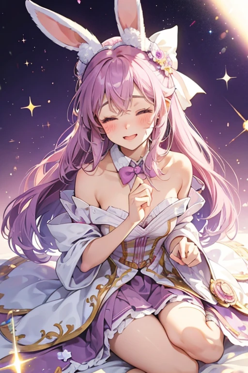 A soft purple girl bunny Num with pale pink marbled through her. She is beaming with her eyes closed and has a slight blush. Her ears are adorned with a large violet bow. SPARKLE; GLITTER