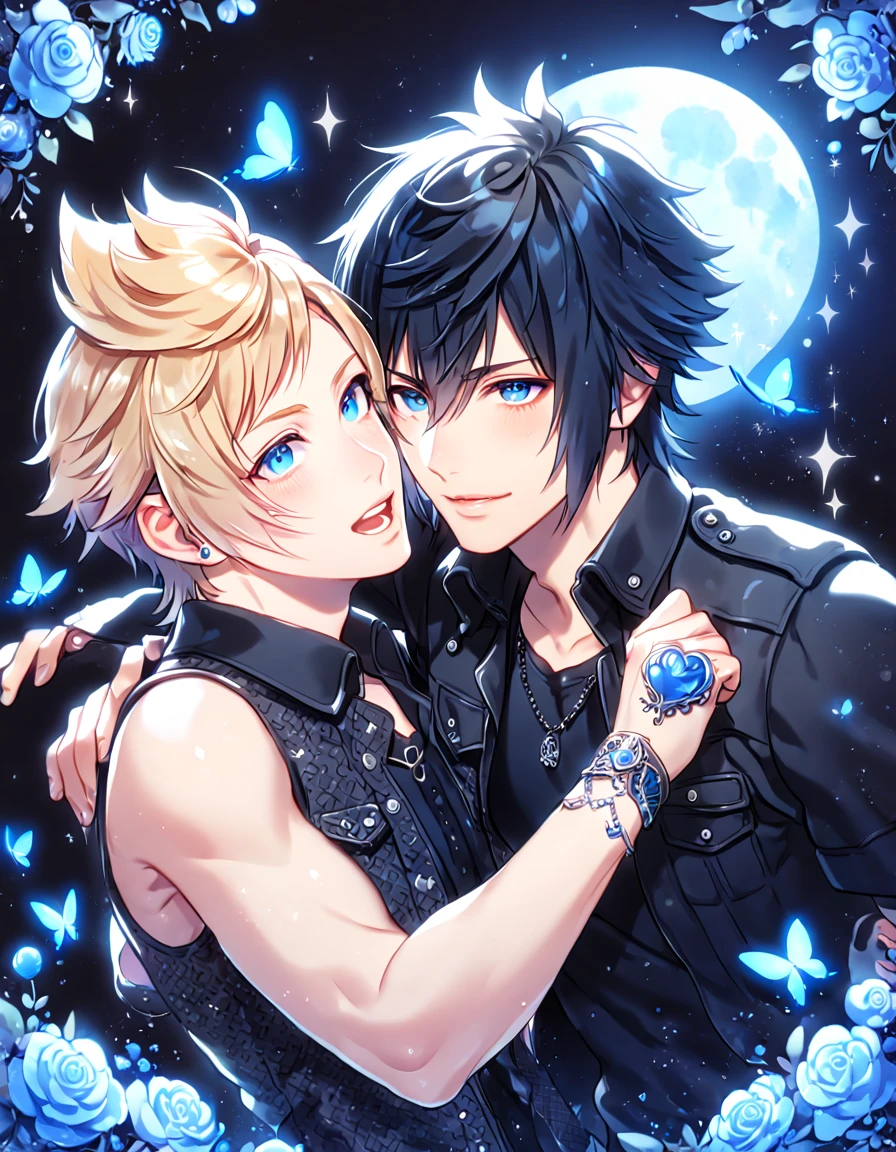 absurdres, highres, ultra detailed, HDR, master piece, best quality, extremely detailed, Noctis Lucis Caelum, black hair, expressive blue eyes, Final Fantasy XV, Prompto Argentum, blonde hair, expressive blue eyes, two sexy men together, gay couple, yaoi, handsome, black clothes, fantasy, magic, sparkling, water, glass, blue moon, blue flowers, blue butterflies, blue petals, garden