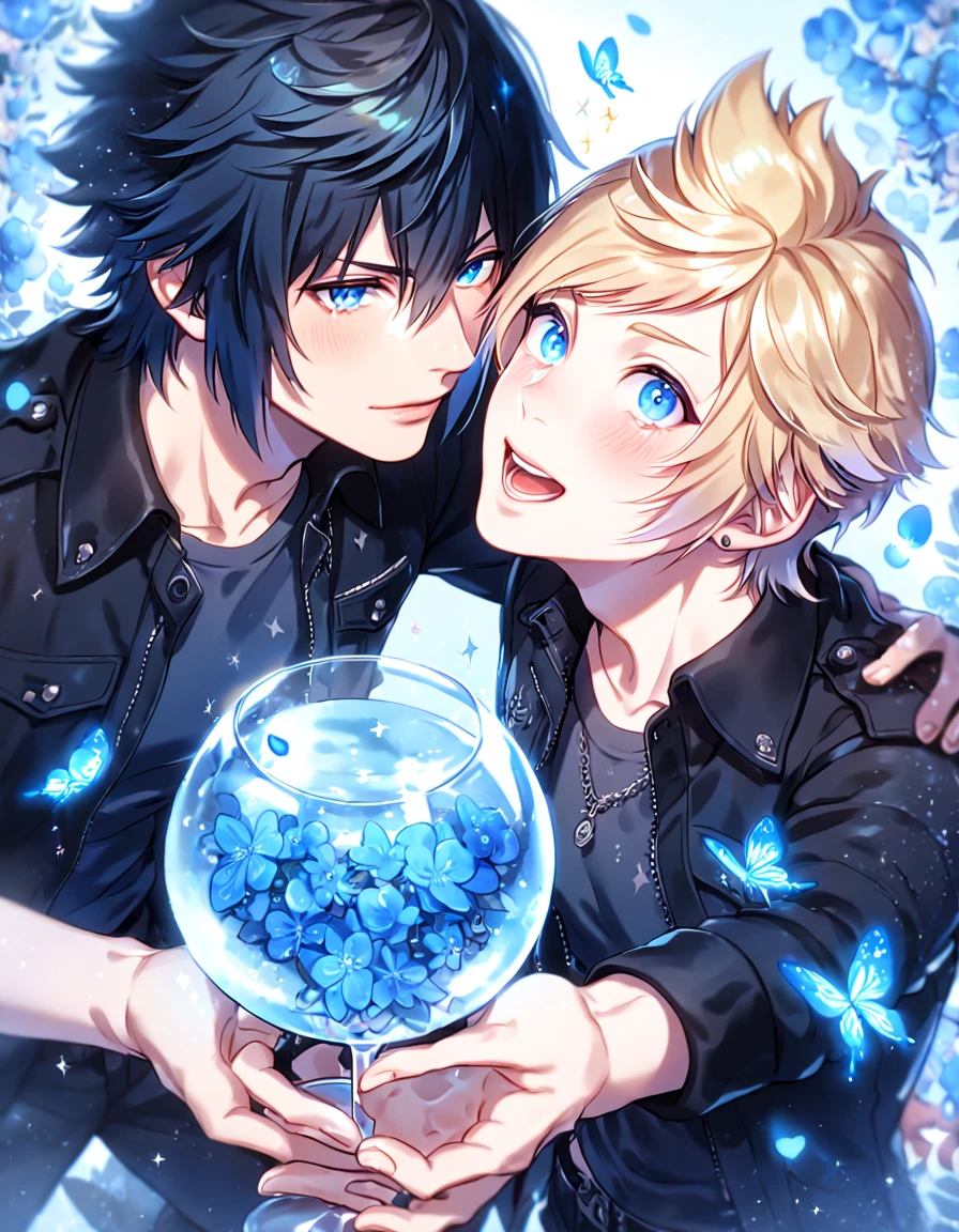 absurdres, highres, ultra detailed, HDR, master piece, best quality, extremely detailed, Noctis Lucis Caelum, black hair, expressive blue eyes, Final Fantasy XV, Prompto Argentum, blonde hair, expressive blue eyes, two sexy men together, gay couple, yaoi, handsome, black clothes, fantasy, magic, sparkling, water, glass, blue moon, blue flowers, blue butterflies, blue petals, garden