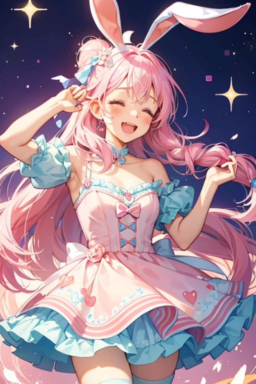 A girl swirly pink and blue scoop of ice cream with bunny ears. Her ears are adorned with a large pink bow. She has two closed eyes, a light blush and a happy, open mouth. SPARKLE; GLITTER