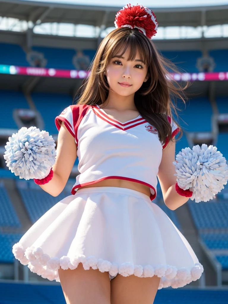 masterpiece, Highest quality, Very detailed, High resolution, (Realistic, photoRealistic:1.37), Excellent anatomy, One beautiful woman, 18-year-old, Height: 152cm, Cheerleader, (Holding a pom-pom in both hands:1.5), A small smile, cheer leading, ブルーCheerleader uniform, (shape), Micro Pleated Mini Skirt, It rains nothing, ((Very delicate and beautiful)), ((Stadium Background:1.2)), Brown Hair, Long Hair, bangs, Very beautiful face, Cute type, Big Natural Color Lip, Small and cute nose, Big and pretty eyes, Brown eyes, Obvious double, Shiny highlight spots around the eyes, Character Focus, Tilt your head, The best light, Best Shadow, mysterious, Perfect Face, Very detailed, Soft Skin, (Glowing Skin, Sweaty: 1.2), Beautiful feet, Voluptuous thighs, Plump body, Huge breasts, (Expresses the roundness and softness of the chest area.........1), Beautiful body, (The perfect woman), Spread your legs, (挑発的なcheer leadingポーズ), Skirt flip, (Spreading pussy:1.5)