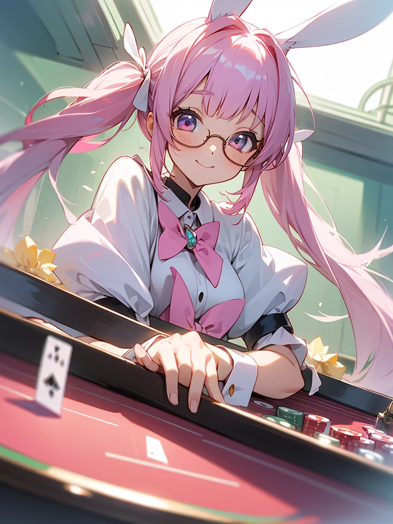 One girl, Pink long twin tails, High resolution, Bunny ears, A shy smile, White Bunny Girl，In the background is a casino with a tray of glasses in one hand.，