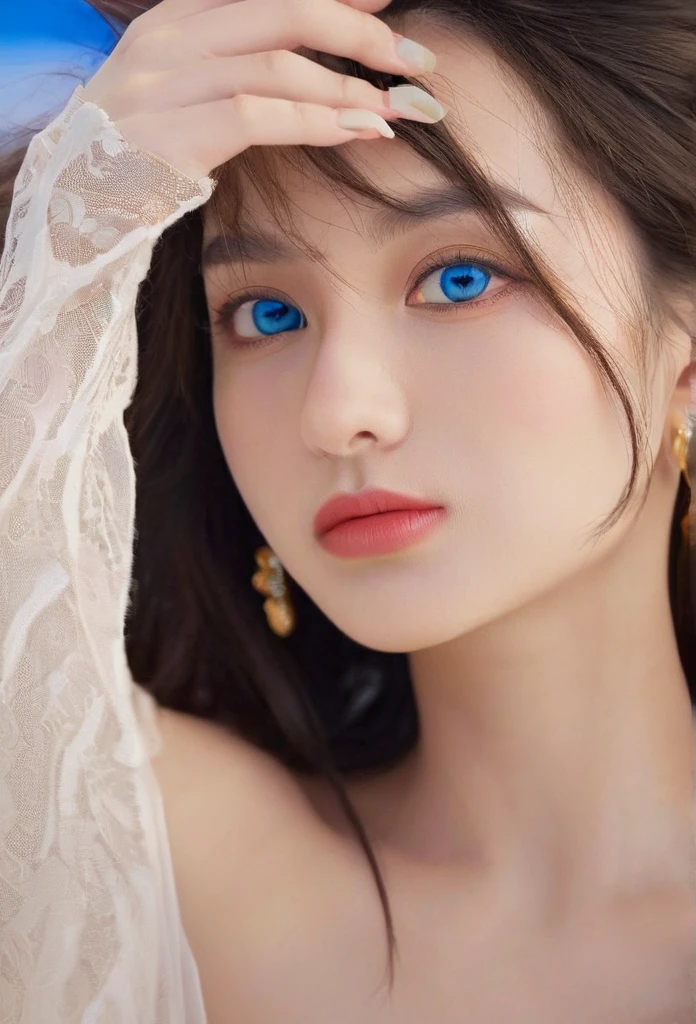 1 beautiful young woman, extremely detailed eyes and face, long eyelashes, medium length hair with bangs, topless, high quality, best quality, masterpiece, formal art, beauty:1.2, 1girl:1.3, fractional art:1.3, bright blue ocean eyes