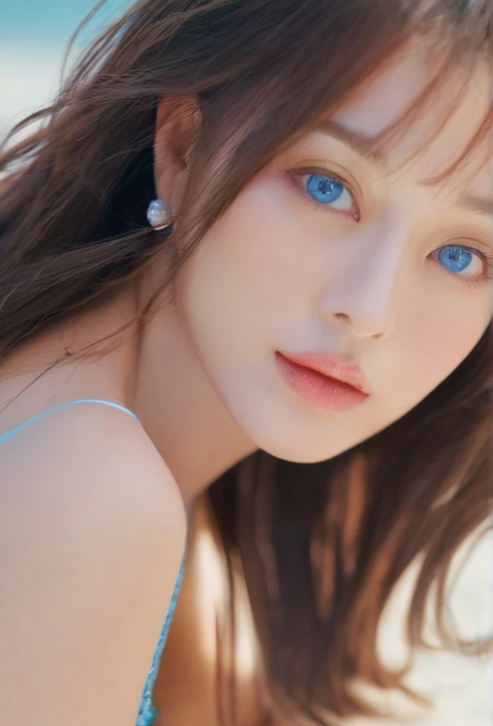 1 beautiful young woman, extremely detailed eyes and face, long eyelashes, medium length hair with bangs, topless, high quality, best quality, masterpiece, formal art, beauty:1.2, 1girl:1.3, fractional art:1.3, bright blue ocean eyes