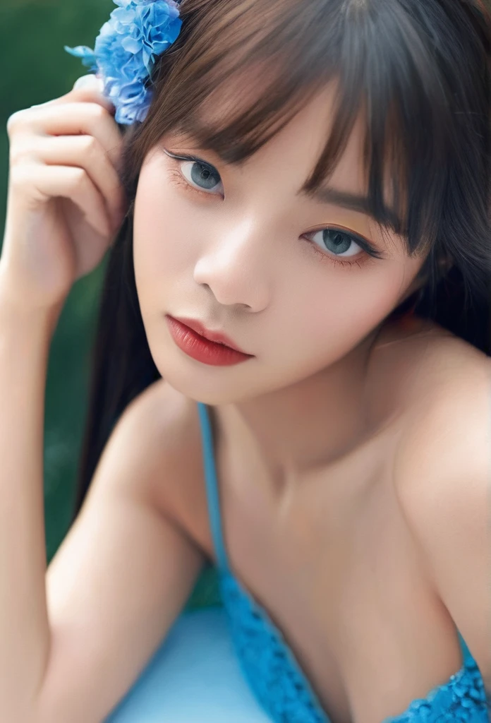 1 beautiful young woman, extremely detailed eyes and face, long eyelashes, medium length hair with bangs, topless, high quality, best quality, masterpiece, formal art, beauty:1.2, 1girl:1.3, fractional art:1.3, bright blue ocean eyes