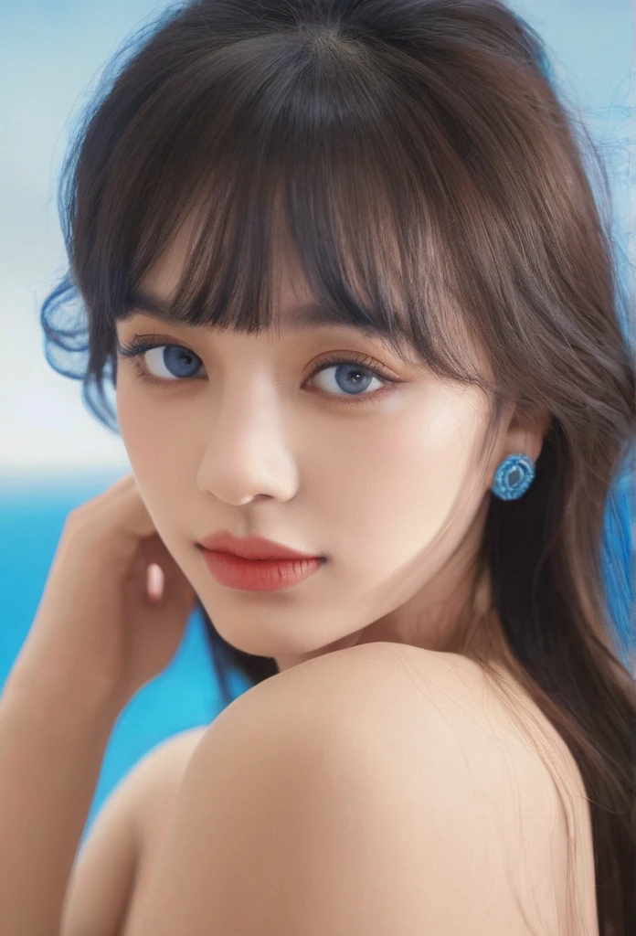 1 beautiful young woman, extremely detailed eyes and face, long eyelashes, medium length hair with bangs, topless, high quality, best quality, masterpiece, formal art, beauty:1.2, 1girl:1.3, fractional art:1.3, bright blue ocean eyes