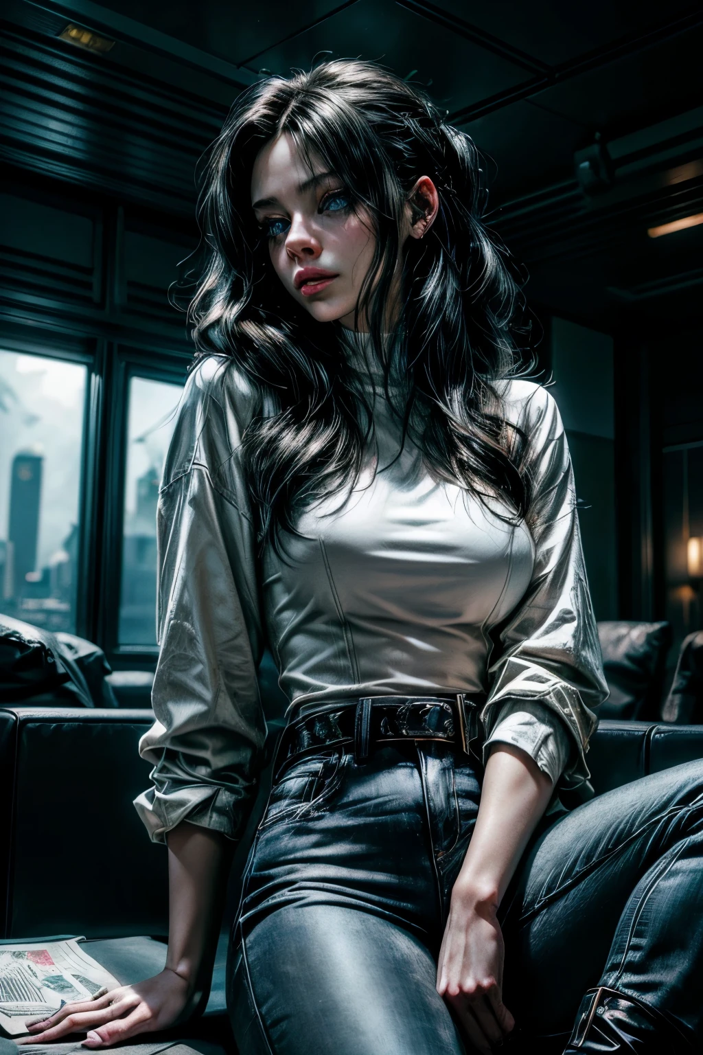 solo, 1girl, extremely fine and beautiful, photorealistic, super fine illustration, (realistic skin), (insanely detailed anime eyes), (blue eyes), mature, goddess, milf, vivid and beautiful, shocking sensation, incredibly detailed, beautiful detailed woman, (sensual), (luscious lips), realistic eyes, realistic face, (high waisted jeans, white blouse, oversized long coat, black soft leather boots), (lithe), Sasha Yakovleva, Cyberpunk 2077, Edgerunner, Night City, Cyberpunk character concept art, parted lips, small smile, aroused gaze, (thin waist:0.8), (wide hips:0.8), (large—medium supple breasts:0.8), (plump thighs:0.6), movie lighting, weighted shadows, ((weighted black hair)), realistic physics, dark shadows, realistic lighting, shaded, cyberpunk interior living room scenery