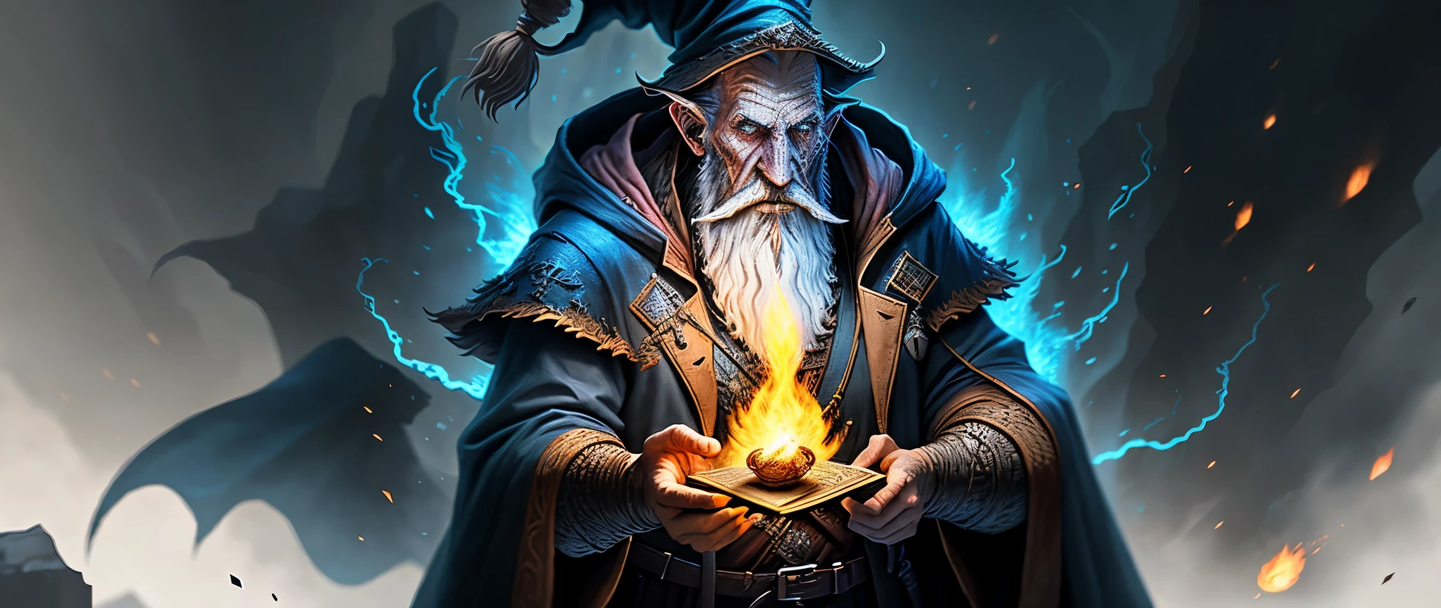 an old fire wizard doing a great spell, Emphasis on your action, ultra detailed textures, layers of textures true to reality, professional lighting, realistic detailing