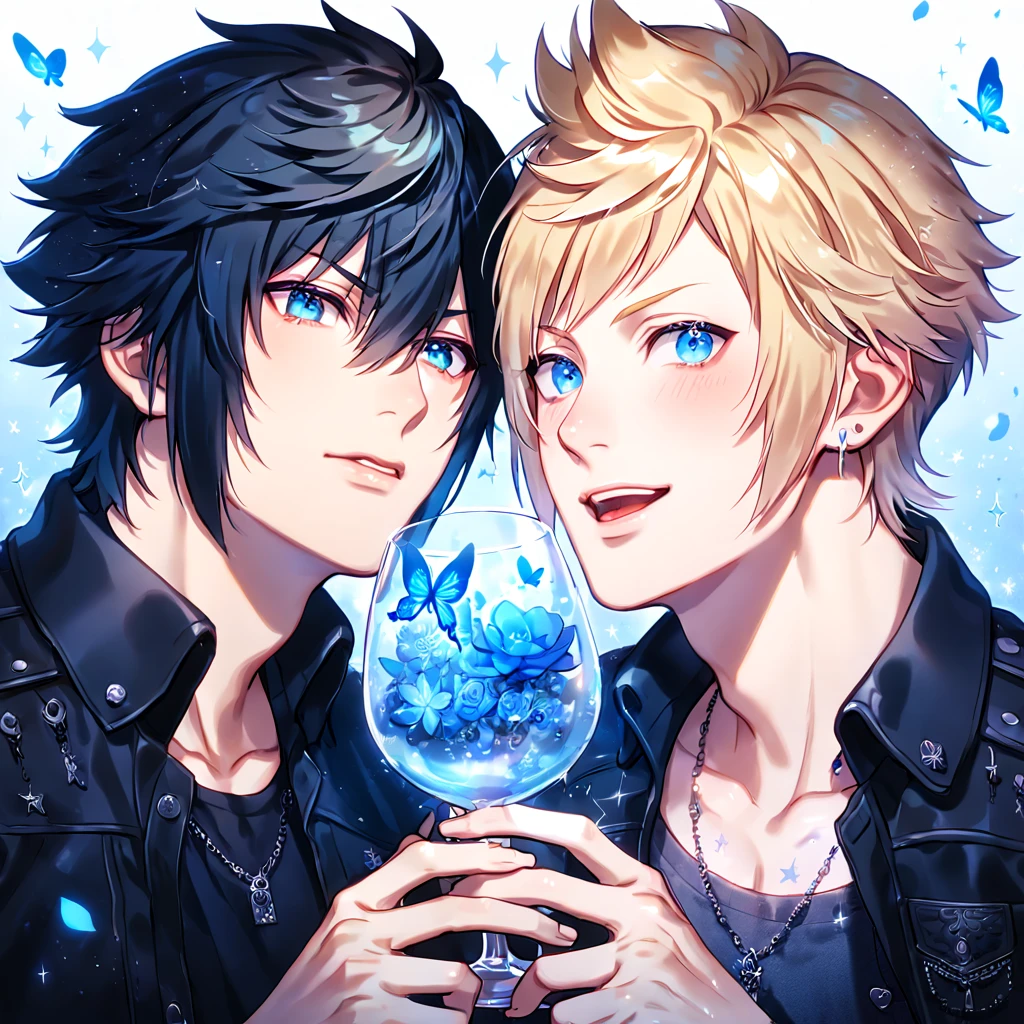 absurdres, highres, ultra detailed, HDR, master piece, best quality, extremely detailed, Noctis Lucis Caelum, black hair, expressive blue eyes, Final Fantasy XV, Prompto Argentum, blonde hair, expressive blue eyes, two sexy men together, gay couple, yaoi, handsome, black clothes, fantasy, magic, sparkling, water, glass, blue moon, blue flowers, blue butterflies, blue petals, garden