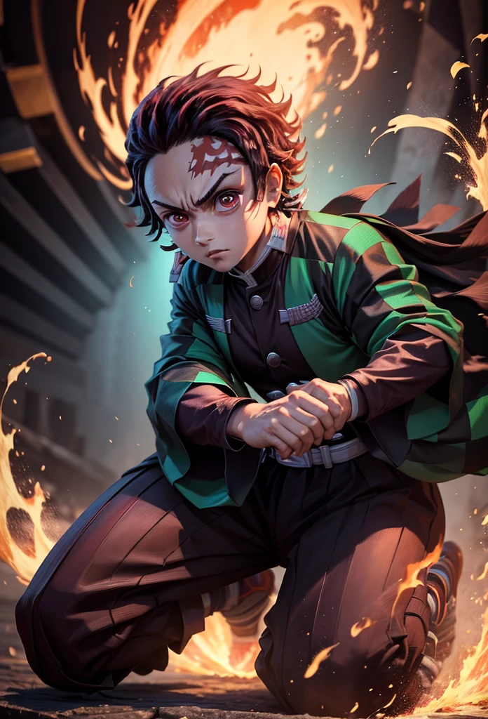 Kamado Tanjiro,(Kimetsu No Yaiba),Full Style,Ultra High Quality,Ultra High Resolution,Photograph 8K,Holding a Sword,One Boy,Ultra Detailed ,Demon Hunter Suit,Hino Kami Kagura Teknik