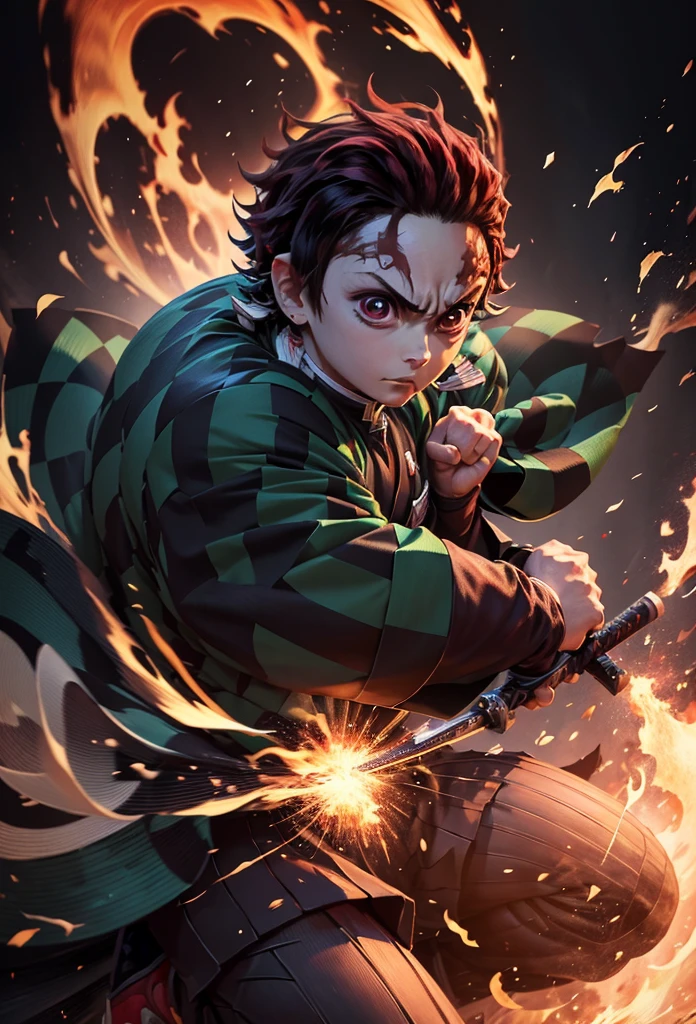 Kamado Tanjiro,(Kimetsu No Yaiba),Full Style,Ultra High Quality,Ultra High Resolution,Photograph 8K,Holding a Sword,One Boy,Ultra Detailed ,Demon Hunter Suit,Hino Kami Kagura Teknik