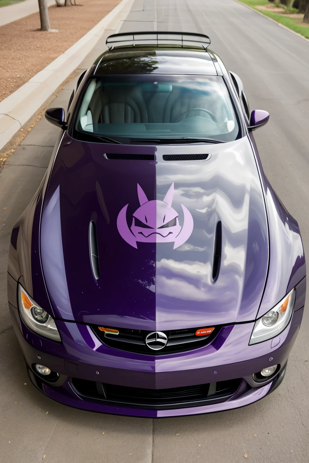 A vinyl decal on a car based on a purple Pokémon gengar