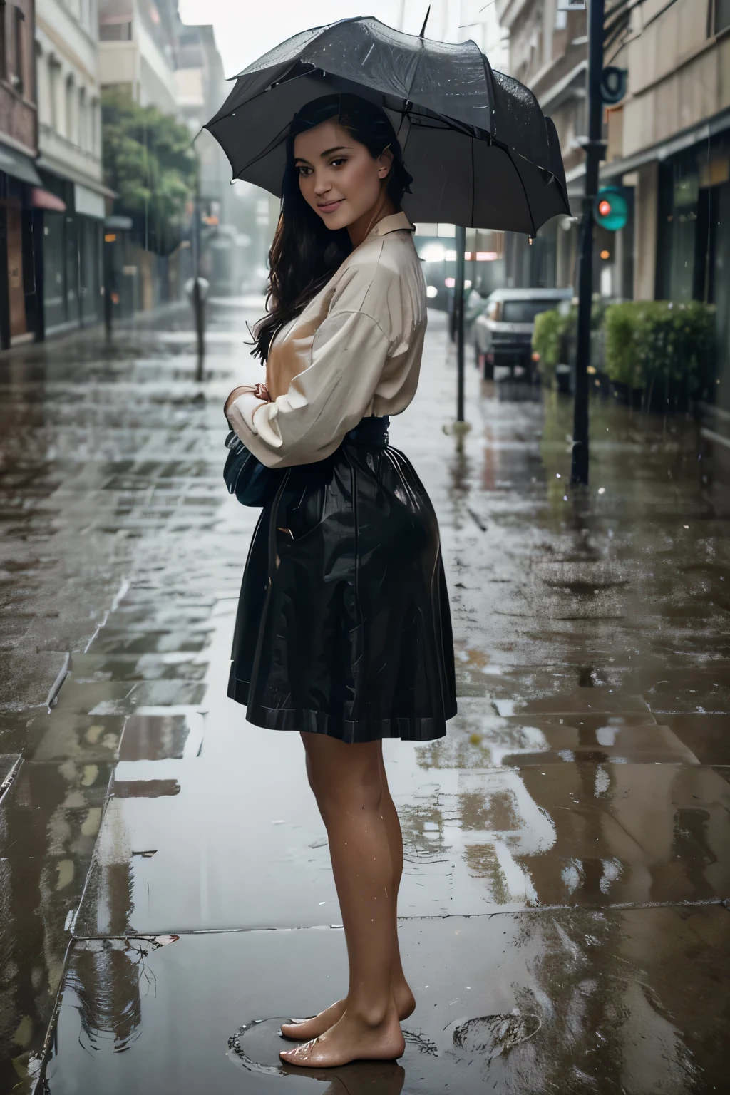 distant view, vintage inspiration, retro, chic, maximum details, bright day, smiling, A young woman standing barefoot in the rain, holding her shoes and stepping into a puddle, beautiful detailed eyes, beautiful detailed lips, extremely detailed eyes and face, long eyelashes, rain, wet clothes, rainy day, dramatic lighting, moody atmosphere, cinematic, dynamic pose, emotive expression, environmental portrait, muted color palette, dramatic shadows, puddle reflection, (best quality,4k,8k,highres,masterpiece:1.2),ultra-detailed,(realistic,photorealistic,photo-realistic:1.37),cinematic lighting,dramatic colors,cheerful mood