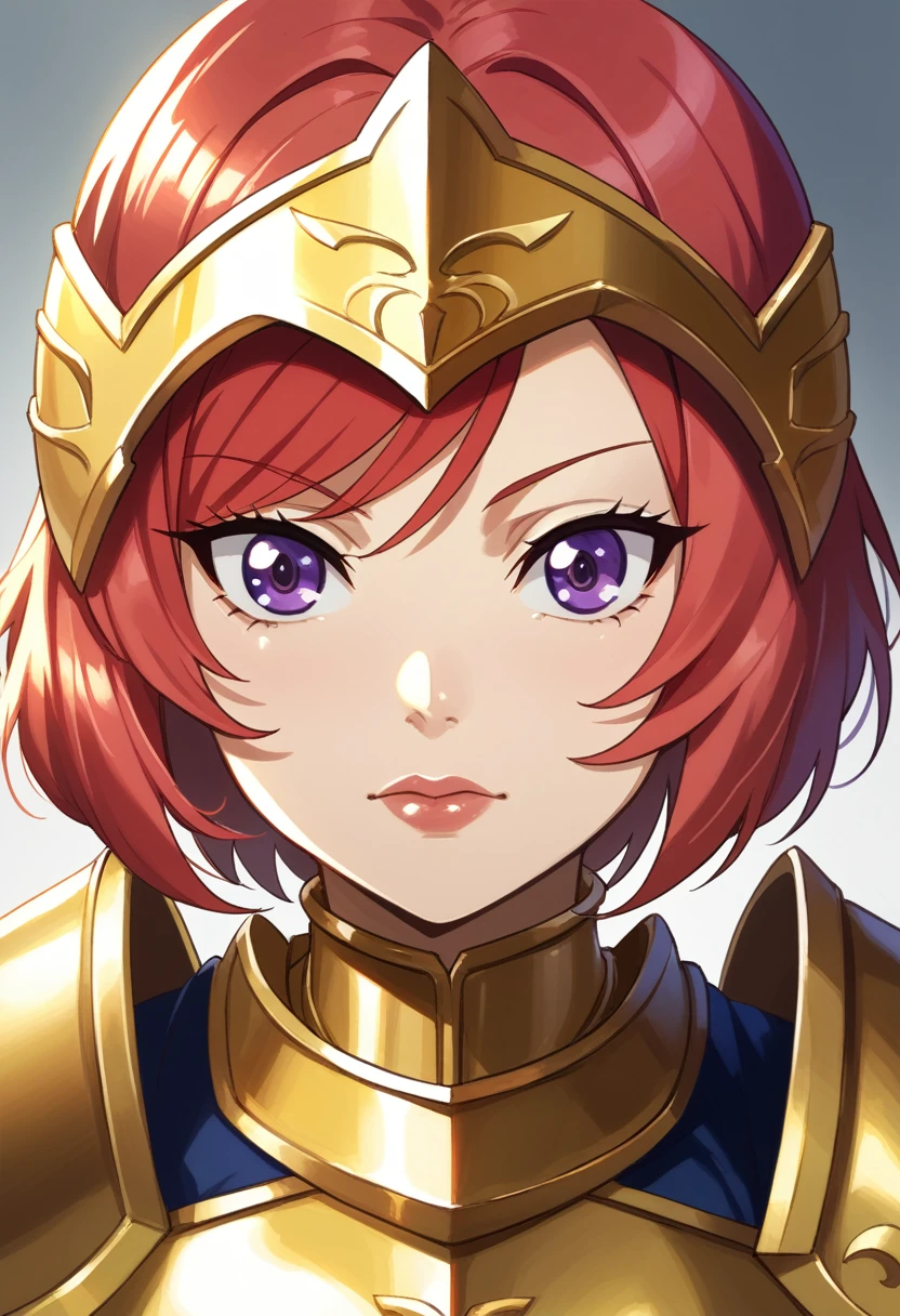 Nishikino maki, Purple eyes, red hair, short hair,(armor:1.2),Golden Armor , llchar, upper body,solo, face close up,big breasts,(lipstick:0.7)
