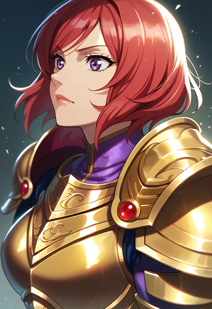 Nishikino maki, Purple eyes, red hair, short hair,(armor:1.2),Golden Armor , llchar, upper body,solo, face close up,big breasts,(lipstick:0.7)