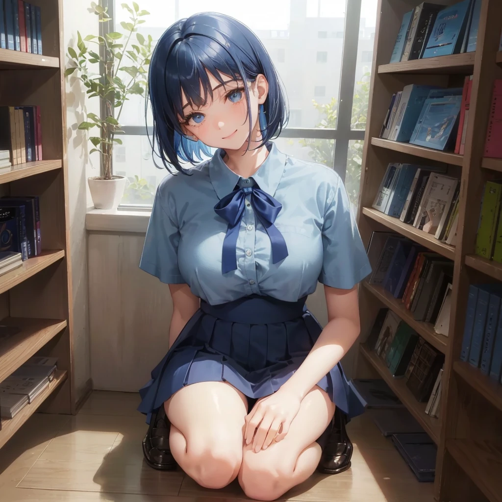 1. High school girl　17-year-old female　Bobcut　dark blue hair color　High School Uniform　Light blue Y-shirt　Short sleeve　Blue Ribbon　dark blue hair color　Slim figure　Large Breasts　Full body portrait　School library　Smiling Kindly　Laugh a little　library　Hand Signs　squat　Kneel　Look up here　