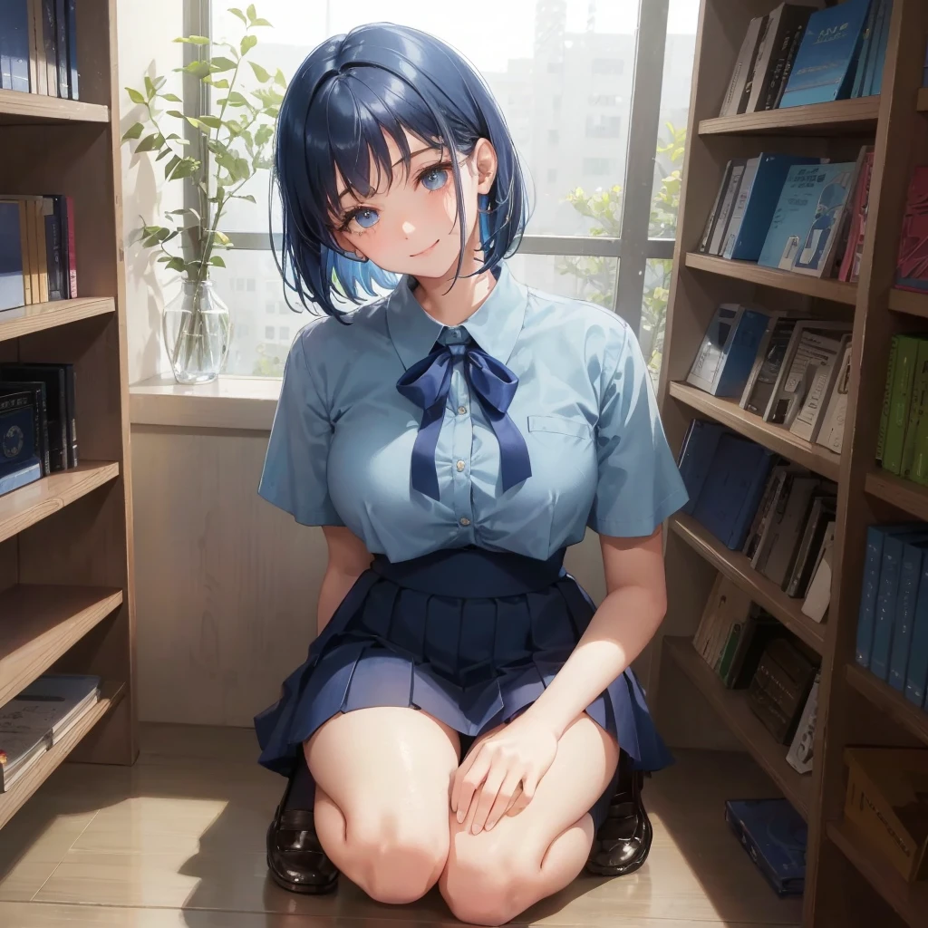 1. High school girl　17-year-old female　Bobcut　dark blue hair color　High School Uniform　Light blue Y-shirt　Short sleeve　Blue Ribbon　dark blue hair color　Slim figure　Large Breasts　Full body portrait　School library　Smiling Kindly　Laugh a little　library　Hand Signs　squat　Kneel　Look up here　