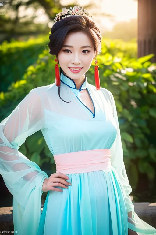 (A gorgeous & youthful Chinese lady, fashion model, [[[[closeup cleavage]]]], [[[[boobgasm]]]], [[[[coll]]]], [[[[bshoulders]]]], perfect face, perfect  eyes, Perfect iris，Perfect lips，perfect teeth，Perfect skin, Perfect body anatomy, Ample round bosom, Natural Sunlight, Sun Rays, lens flare, Movie girl, kind smile,


Translucent silky hanfu, Pure white & pink color, ancient Chinese clothing, Elegant Chinese long dress, long sleeves, feminine princess, cute expression, hands on hip,


SFW, Outdoors in ancient China，Pavilions，small bridges，flowing water，waterfall，Forest，HDR, 4K Ultra HD, Ultra-high resolution, (Photorealistic: 1.4), Best quality，Masterpiece，Ultra dilution，（pastel colour：1.2）)