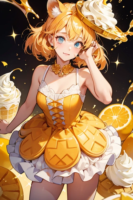 Mango Marble girl is an orange ice cream scoop bear Num with buttercream marble through her. Her ears are made from waffles, one of which has a bite in it, and she has a basic expression, with one eye slightly squinted. She has a cream dollop on her head and gold icing or syrup. SPARKLE; GLITTER