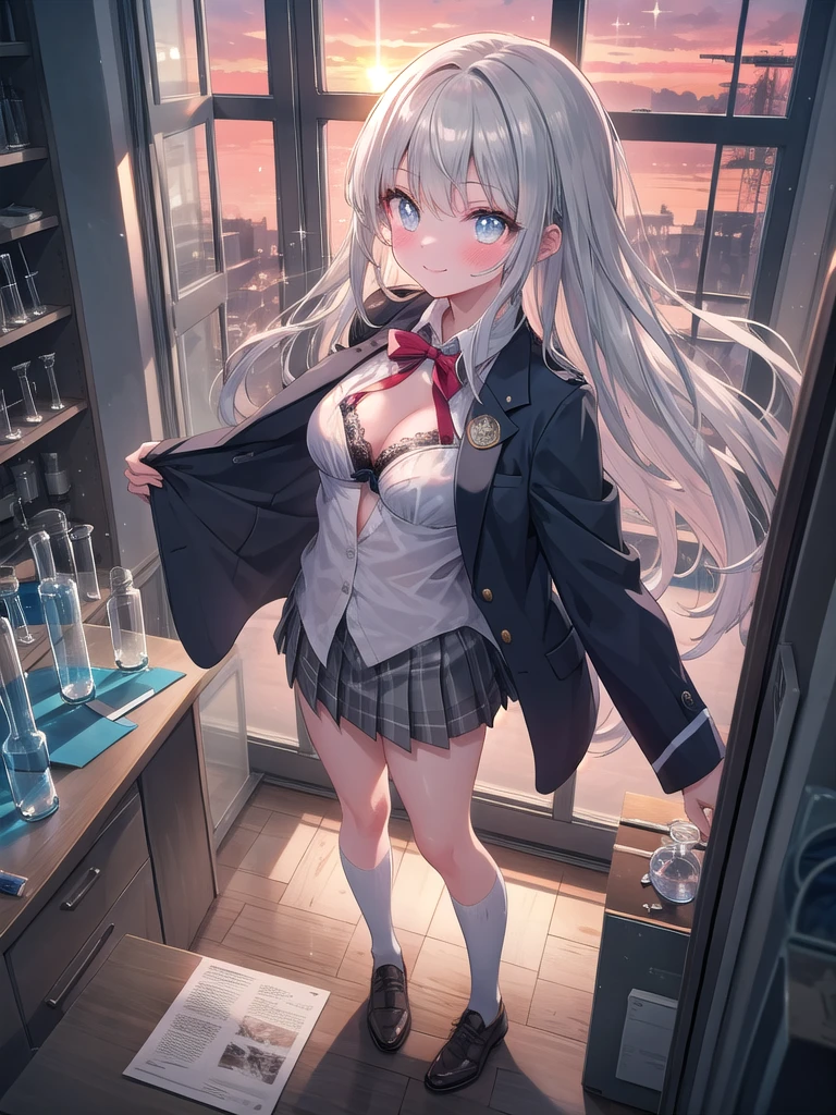 (8K, Best Quality, Masterpiece:1.3)), Ultra High Resolution, (1 Girl, 1 Person), (Color Changing Eyes, Super Detailed, Expressive Sparkle, Sparkling, Glowing Eyes), Highly Detailed Eyes, Highly Detailed Face, Random Hair, (Silver Gray Color), "Woman Wearing an Open-necked Blazer". The background is a science lab, an intellectual space lined with lab equipment and specimens. It is after school, and the sunset from the window warmly illuminates the entire science lab. The woman is captured at an angle from above, with long, straight, silver hair flowing down her back.

She is wearing a dark gray blazer with a wide open neckline. The V-shaped cut of the blazer accentuates her chest, and a cute white bra can be seen underneath. The bra has small ribbon and lace details, and the fabric of the blazer fits her body. The skirt of the uniform is above the knees, and the front of the blazer appears to be slightly open.

She is wearing a shy smile with a slight blush on her face. Her figure blends in with the intellectual atmosphere of the science lab, and the lighting in the background adds a soft glow to the whole image.