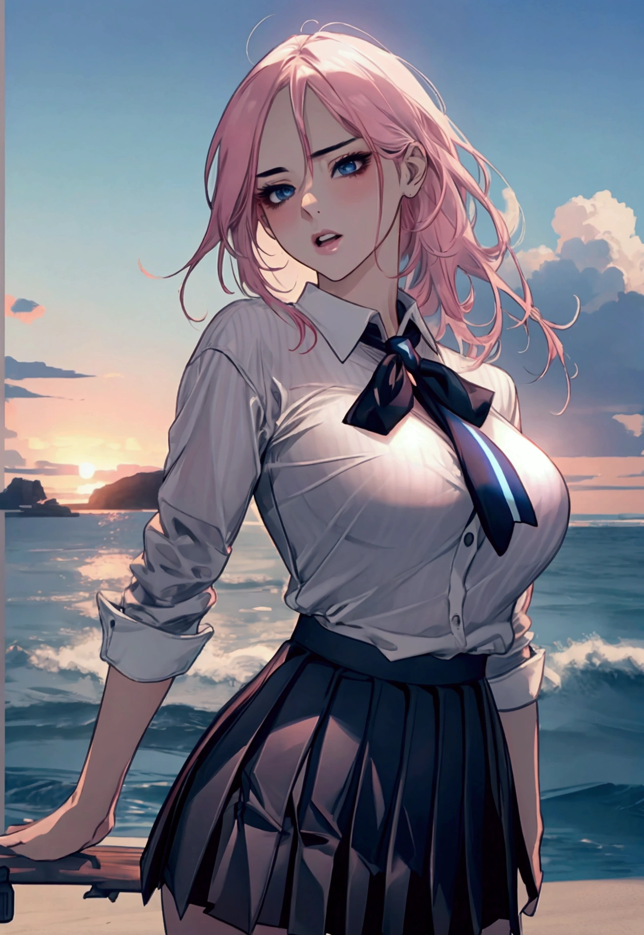 (Canon 50),(Rendered by octane),8k, seducer, symmetrical face, Dramatic cinematic lighting, Dramatic +2, hyper realist, spirited, Pose very sexy. 1 japanese woman, very sexy, breasts big, white shirt with black horizontal stripes, pleated skirt predominantly pink with shades of blue, coastal view, half-open mouth and thick lips, sultry gaze