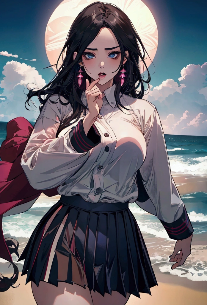 (Canon 50),(Rendered by octane),8k, seducer, symmetrical face, Dramatic cinematic lighting, Dramatic +2, hyper realist, spirited, Pose very sexy. 1 japanese woman, very sexy, breasts big, white shirt with black horizontal stripes, pleated skirt predominantly pink with shades of blue, coastal view, half-open mouth and thick lips, sultry gaze