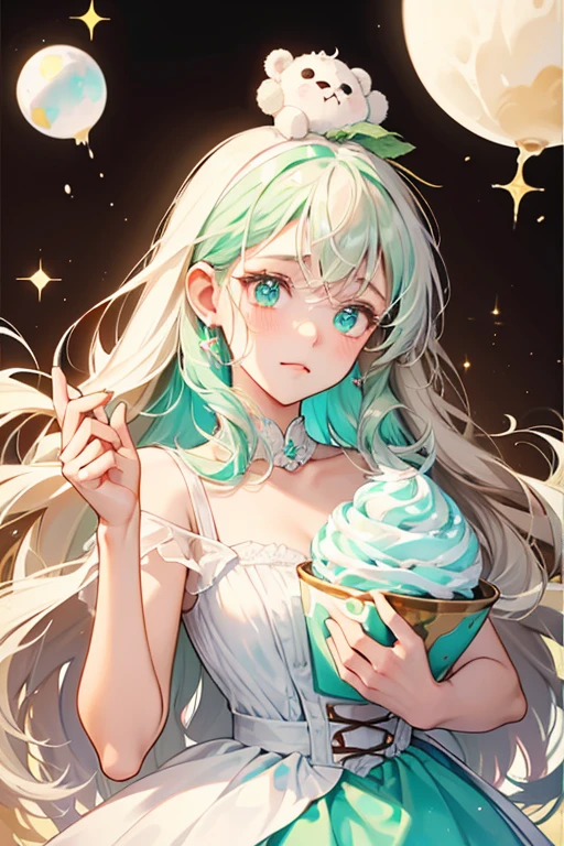 A girl mint ice cream scoop bear Num with a shy expression and no mouth. Streaks of chocolate and light vanilla marbles through her body. She has a dollop of whip cream on top with chocolate sauce dripping down it. Her ears are made out from waffles, with one having a bite out from it. SPARKLE; GLITTER