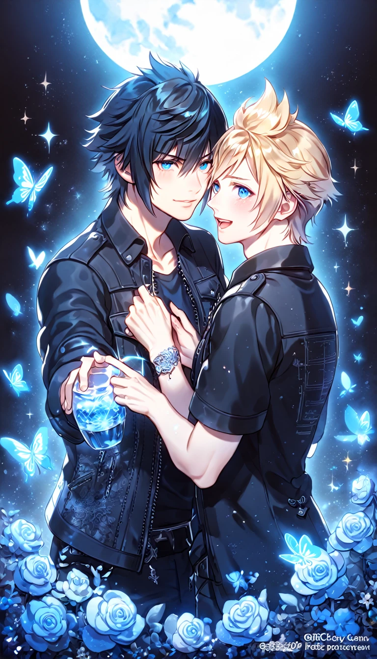 absurdres, highres, ultra detailed, HDR, master piece, best quality, extremely detailed, Noctis Lucis Caelum, black hair, expressive blue eyes, Final Fantasy XV, Prompto Argentum, blonde hair, expressive blue eyes, two sexy men together, gay couple, yaoi, handsome, black clothes, fantasy, magic, sparkling, water, glass, blue moon, blue flowers, blue butterflies, blue petals, garden