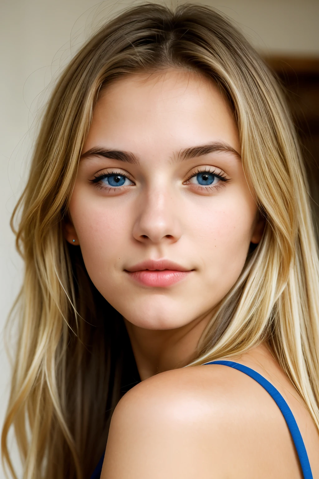 Generates images of a tender 20-year-old Spanish girl, beautiful almost blonde hair, small nose, blue eyes, small face. 