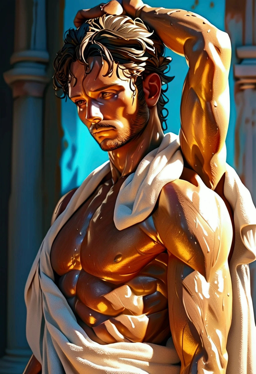 a muscular man with wet, glistening skin, towel wrapped around his waist, one hand resting behind his head, photorealistic, highly detailed, 8k, hyper realistic, dramatic lighting, natural skin tones, chiaroscuro, classical sculpture, Renaissance art