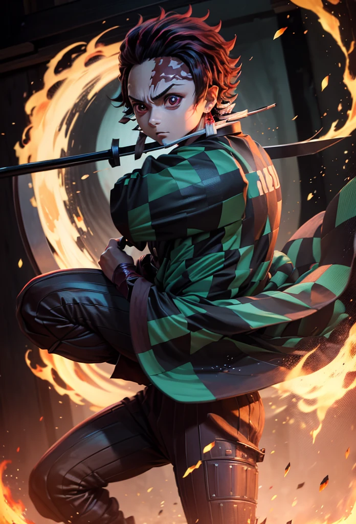 Kamado Tanjiro,(Kimetsu No Yaiba),Full Style,Ultra High Quality,Ultra High Resolution,Photograph 8K,Holding a Sword,One Boy,Ultra Detailed ,Demon Hunter Suit,Hino Kami Kagura Teknik