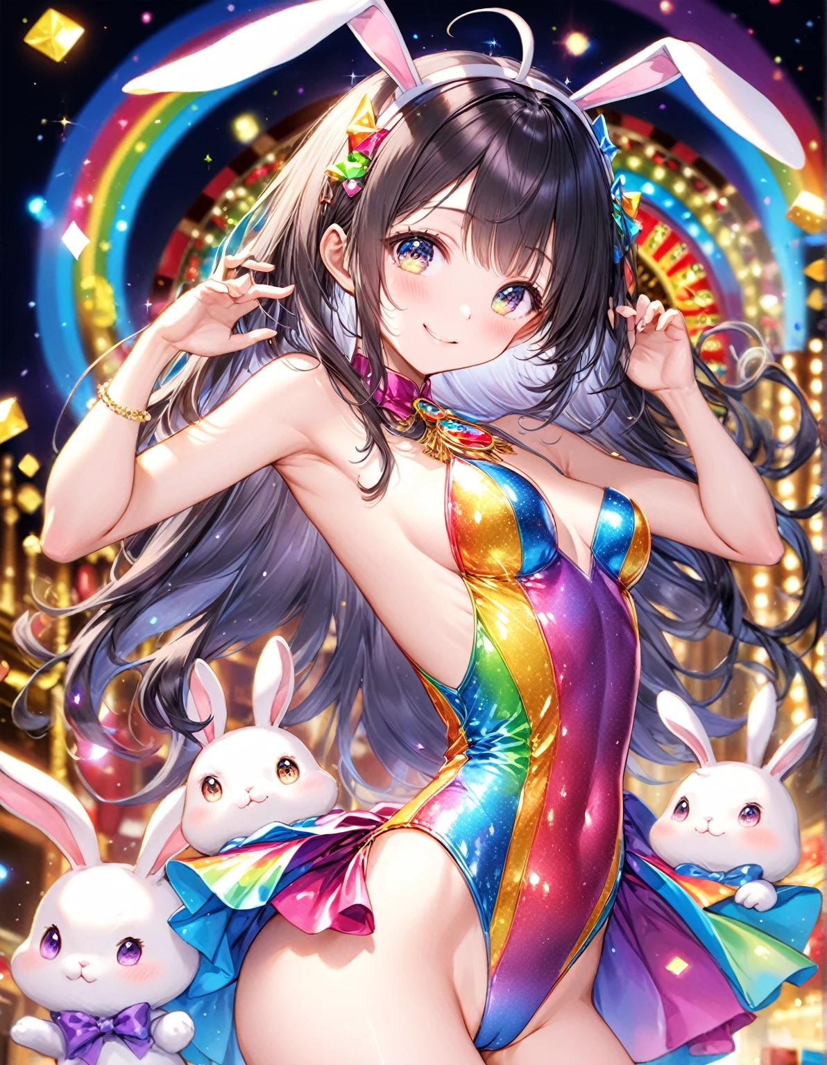 (Highest quality, 8k, 32K, masterpiece, Ultra-high resolution,:1.2),to be born, One Girl,So cute , Casino-like fantasy background, clear, Shining Eyes, Age 25 ,Fair skin, Black hair girl, Fantasy Clothing, Long Hair, An innocent smile, Small , night, Bunny girl, Rabbit Ears,Nyan Nyan Pose,sexly,Sparkling,22.2 Sparkling,Rainbow colored leotard,Right facing pose